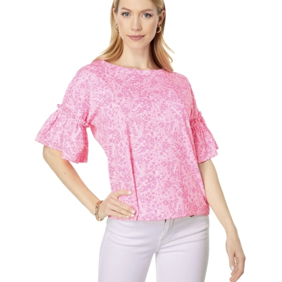 Lilly Pulitzer Tops - Lilly Pulitzer Ziva Pink Floral Ruffle Sleeve Top Sz.S